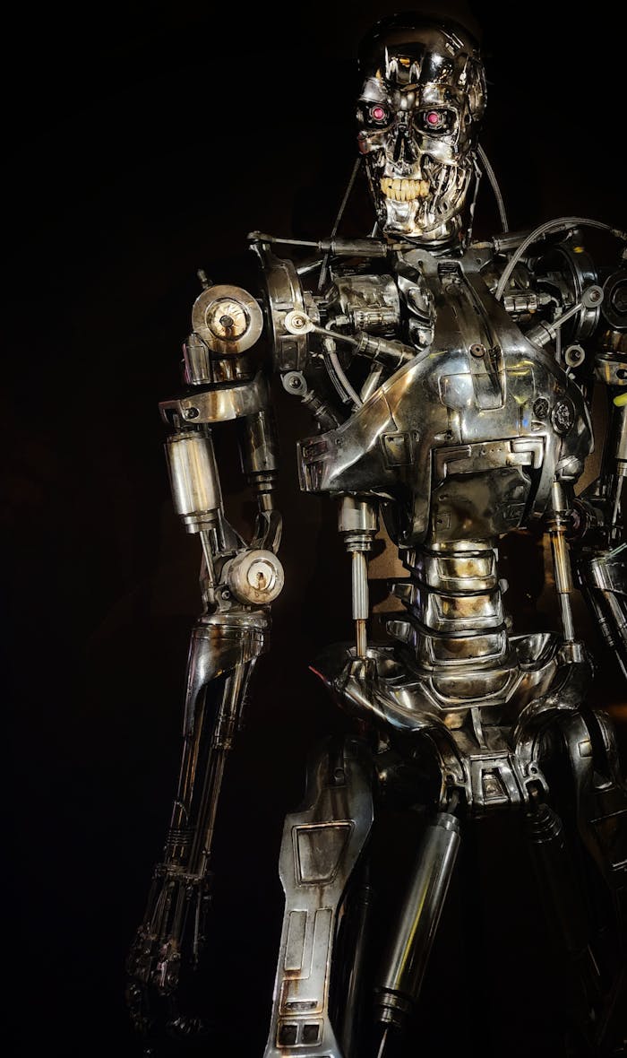 Close-up of a metallic robot showcasing intricate mechanical details in a dark setting.
